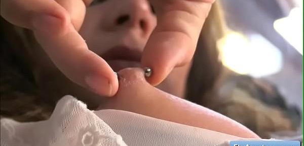  Hot busty blonde amateur teen Aveline with pierced boobs finger fuck her juicy pierced pussy
